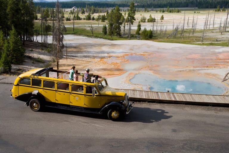 yellow bus in yellowstone park